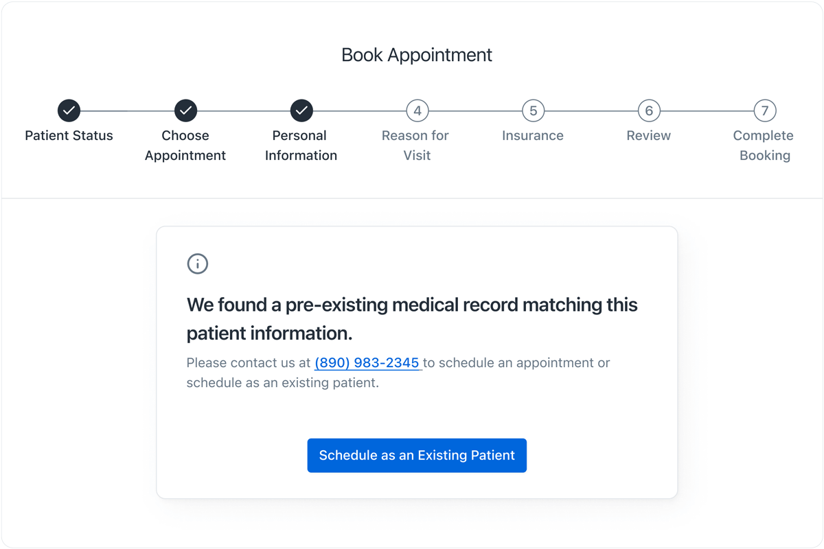 Appointment booking interface with notification of a pre-exiting record matching the provided patient information
