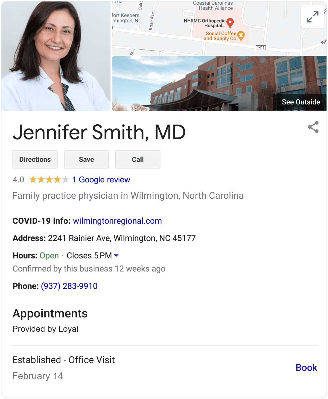 Google featured listing with Physician information and scheduling links