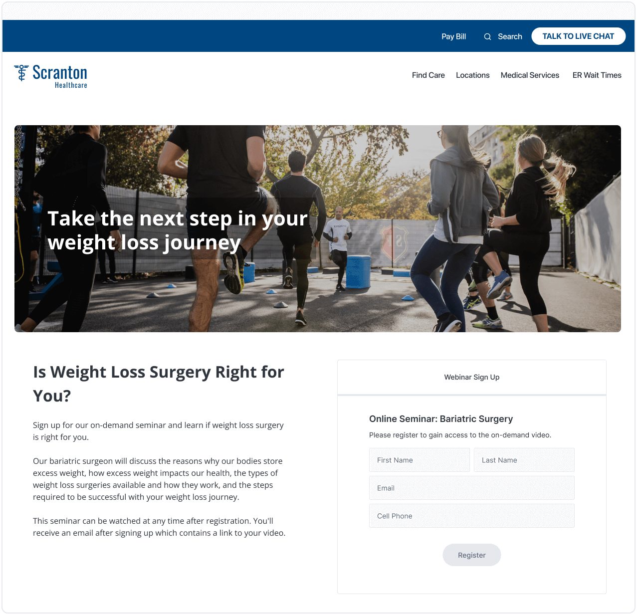 A landing page showing a weight loss surgery Webinar sign up form