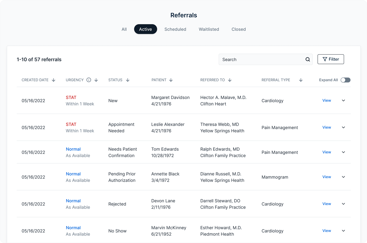a list of in-progress referrals, filtering options, and the current status of each referral