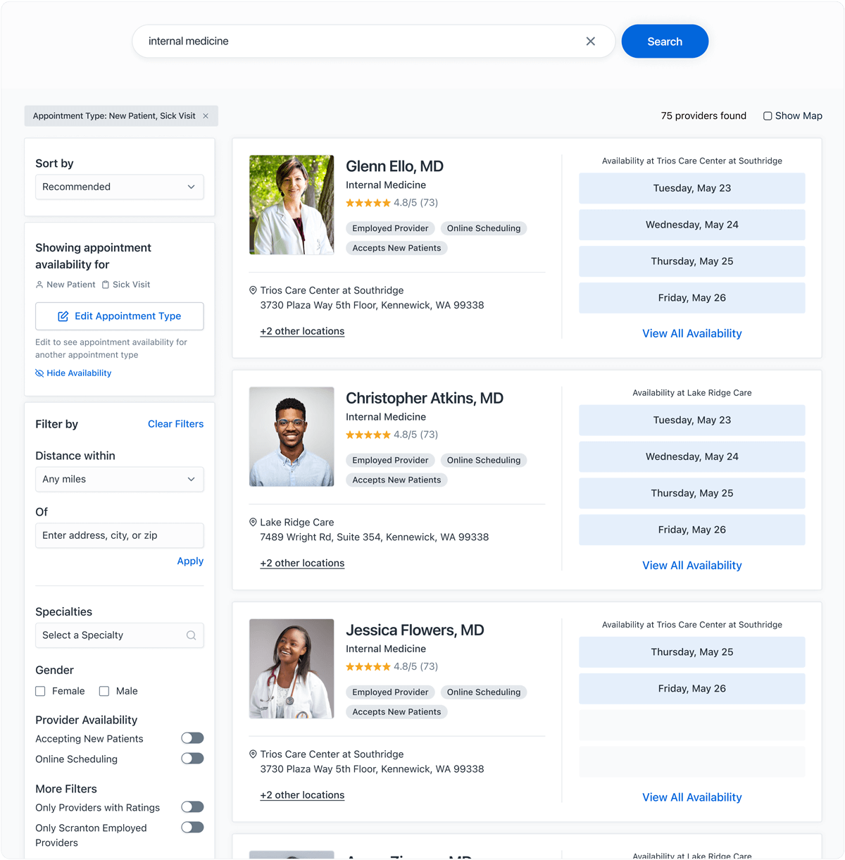 Search results after a specific search for "internal medicine", with additional filtering options and schedule built in for each listed care provider
