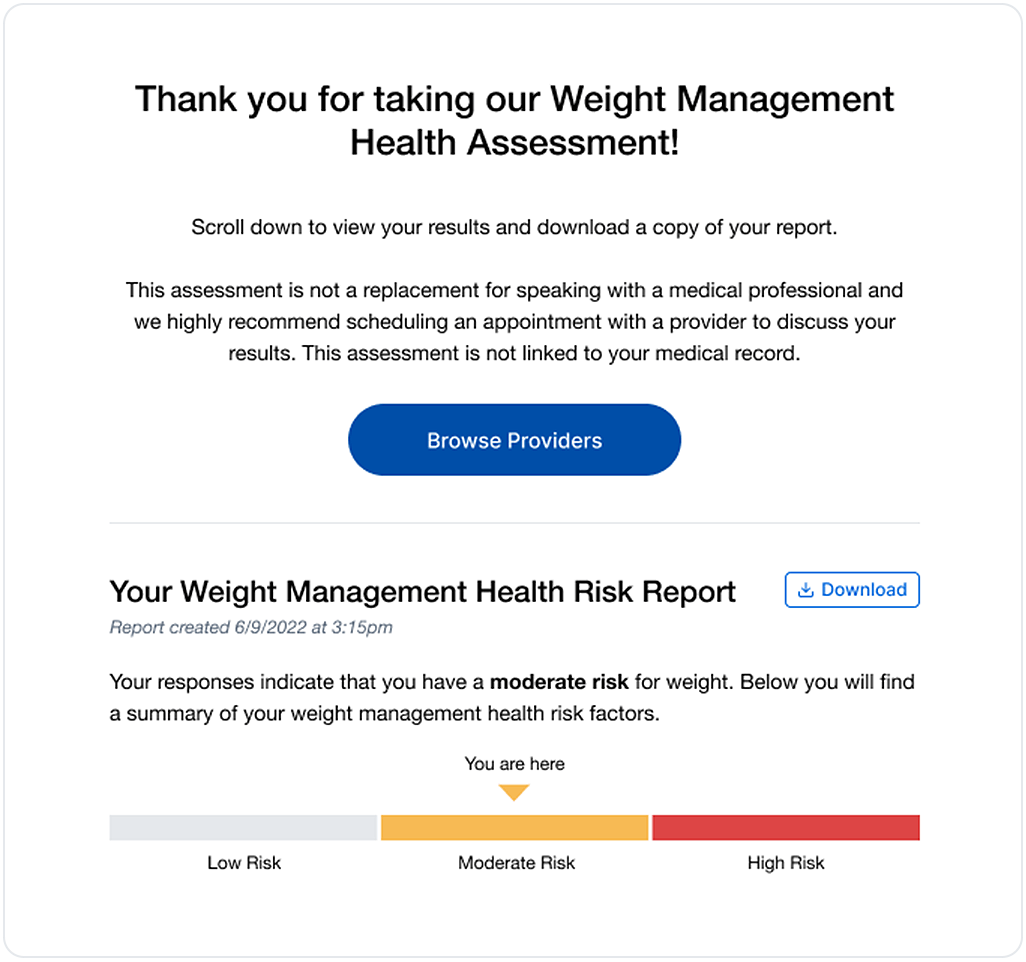 Report showing user results of their weight management health assessment