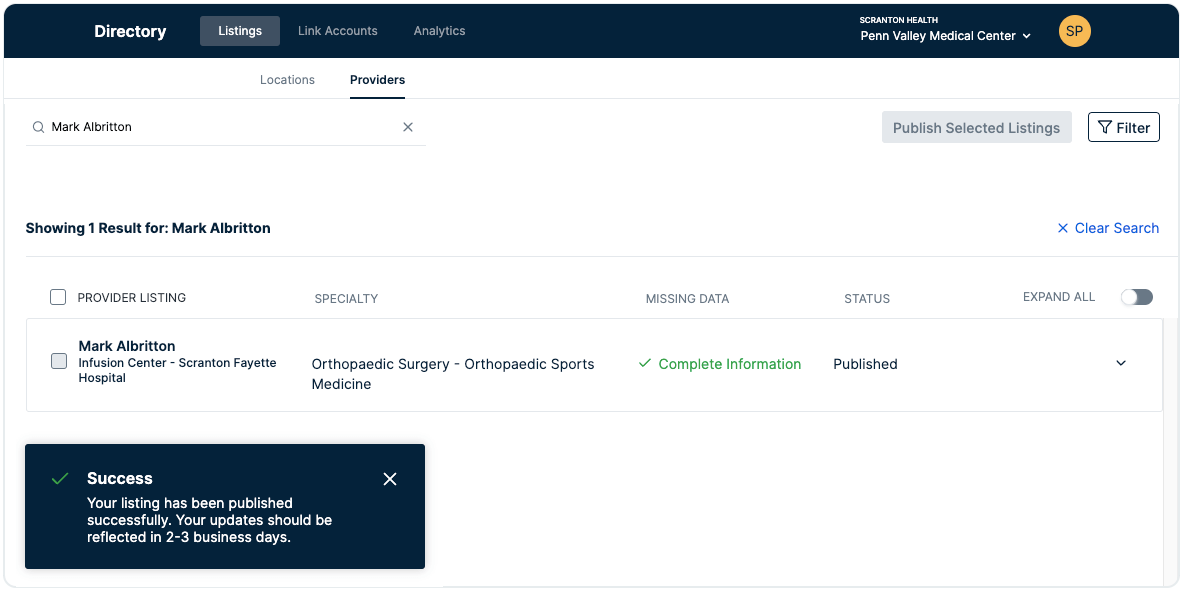 Interface showing a provider search, and a notification indicating a successfully published Provider Listing