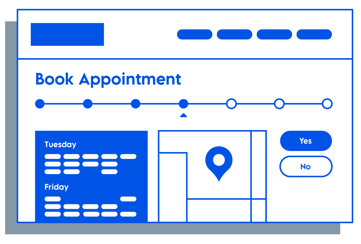 Interface with progress tracker showing steps to book a follow up appointment