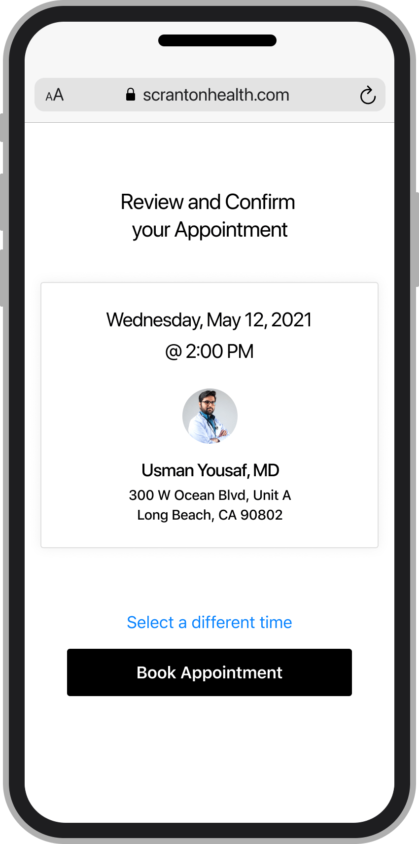 Mobile phone screen showing final appointment detail review with button to book appointment