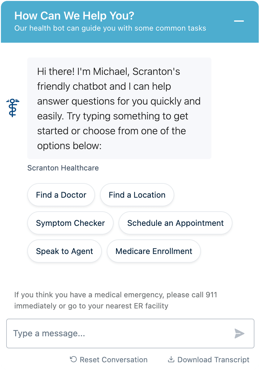 A chatbot offering help finding Doctors, Locations, Symptom Checker and more